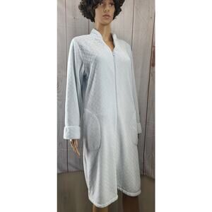 Miss Elaine Women M Blue Long Sleeve Zip Up Fleece Robe Diamond Quilt Embroidery